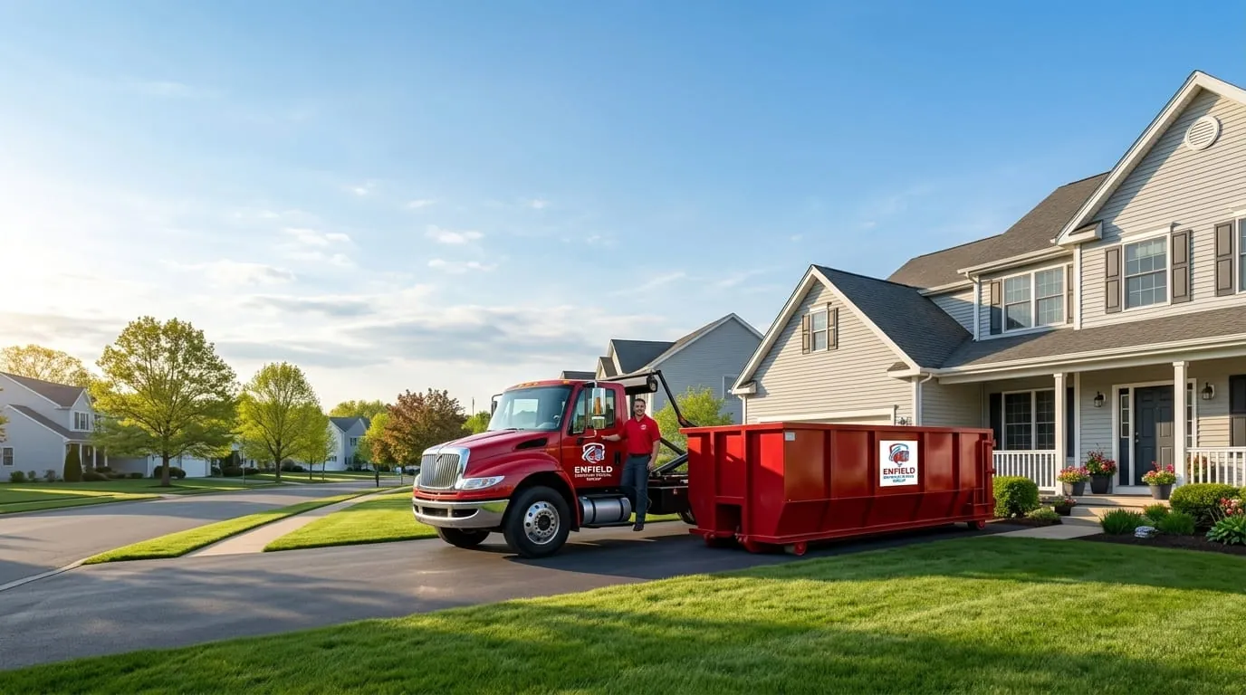 Enfield Dumpster Rental Group roll-off container and truck working a job in Hartford County