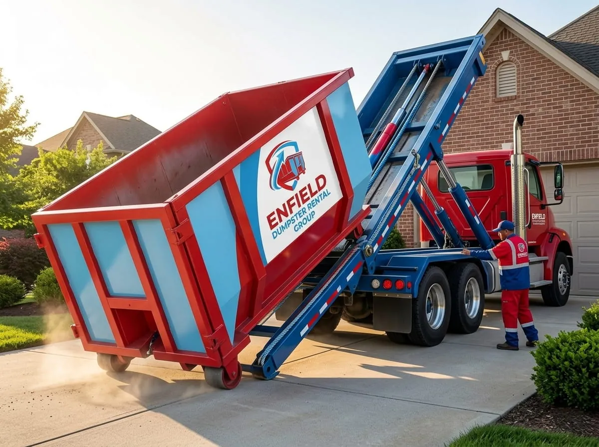 Roll-off truck tipping a container into place in Enfield, Connecticut